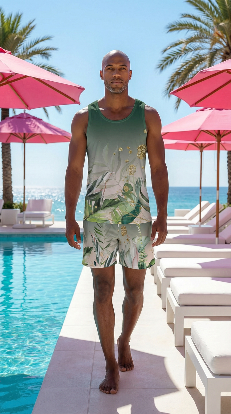 Man in a tropical-themed tank top and shorts standing by a pool with pink umbrellas and palm trees in the background.